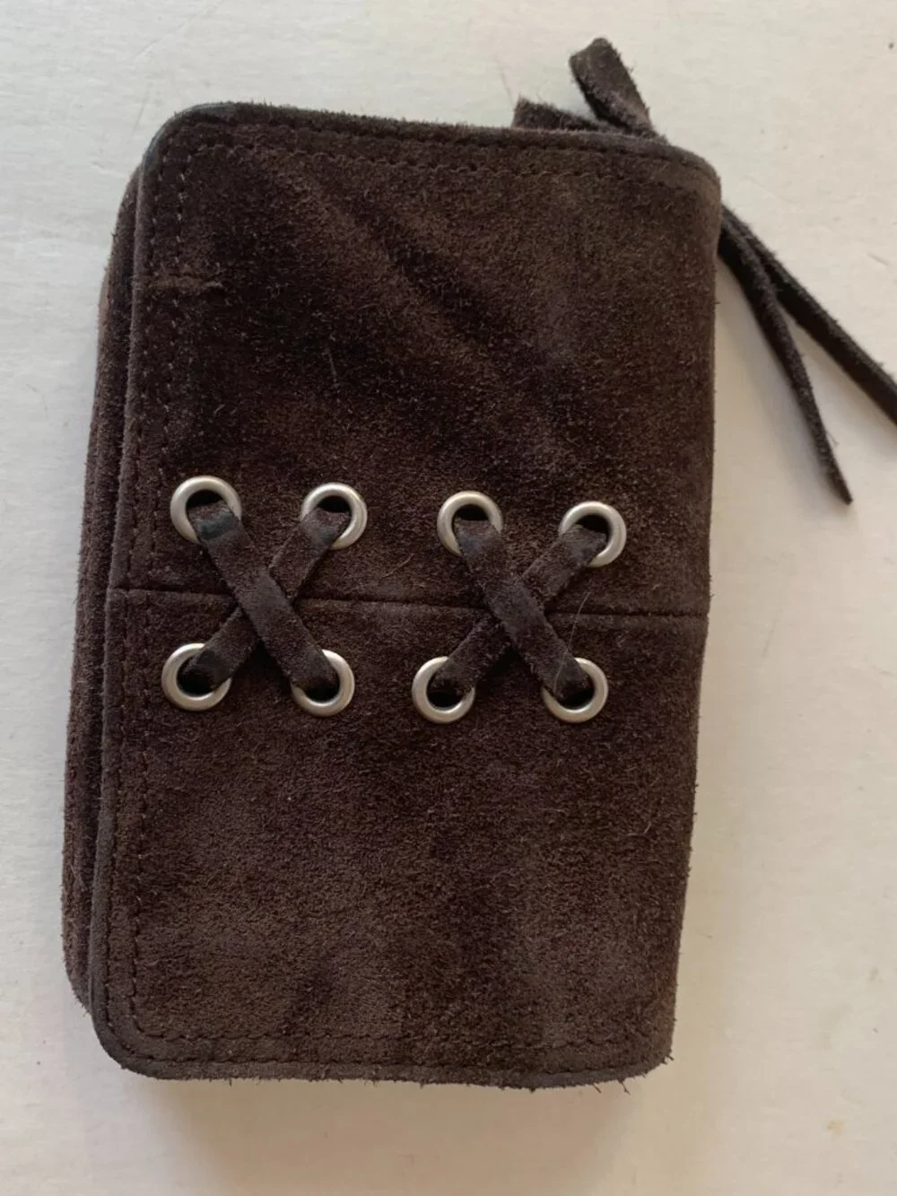 American Eagle Vintage Y2k Suede Wallet Dark Brown Lace Up Small Bifold Boho Hip